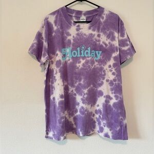 NWT Emma Mulholland Holiday Purple White Tie Dye Spell Out Cotton T Shirt Large